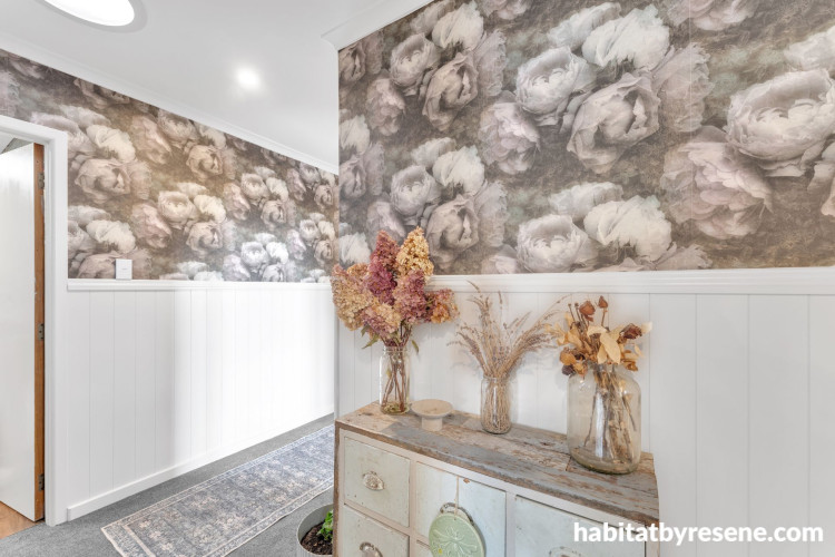 Hallway painted neutral with Resene Pearl and top-half of wall featuring Resene wallpaper