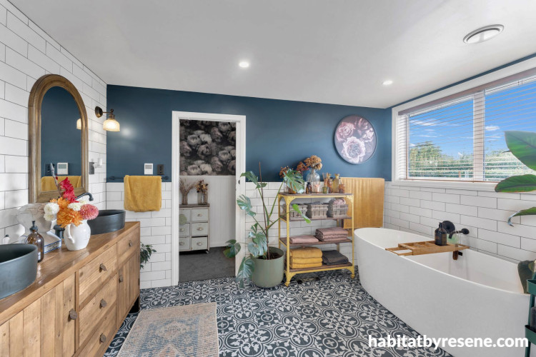 Bathroom featuring walls in Resene Elephant and Pearl, ceiling in Black White