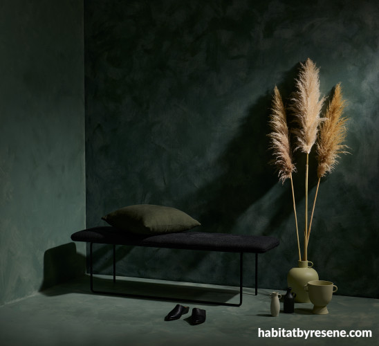 Textured walls in living room featuring Resene Mangrove