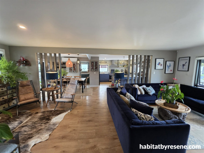 Open plan living and dining area featuring walls in Resene Half Pravda and ceiling in White