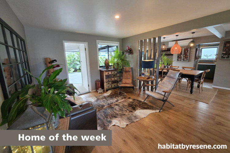 Open plan entranceway and living area featuring walls painted in Resene Half Pravda and ceiling in White