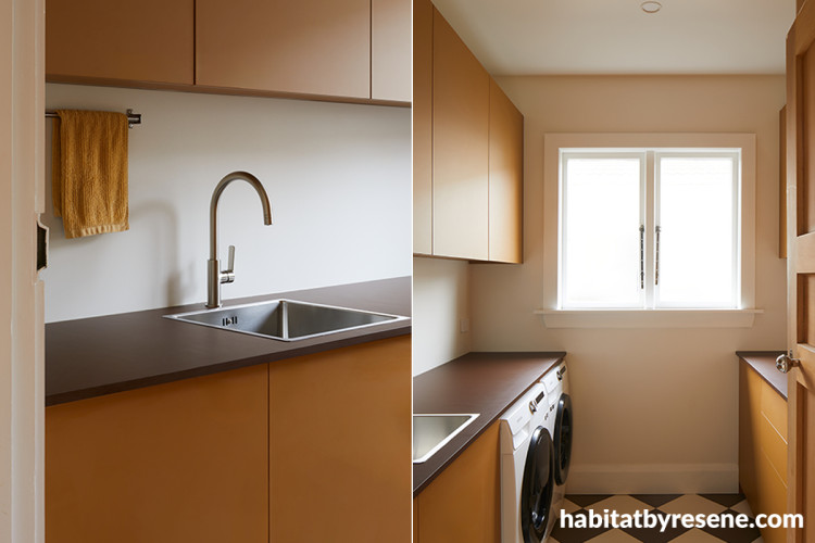Laundry featuring Resene Hot Toddy on the cabinets and Resene Rice Cake on the walls