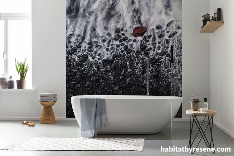 White bathroom with feature wallpaper