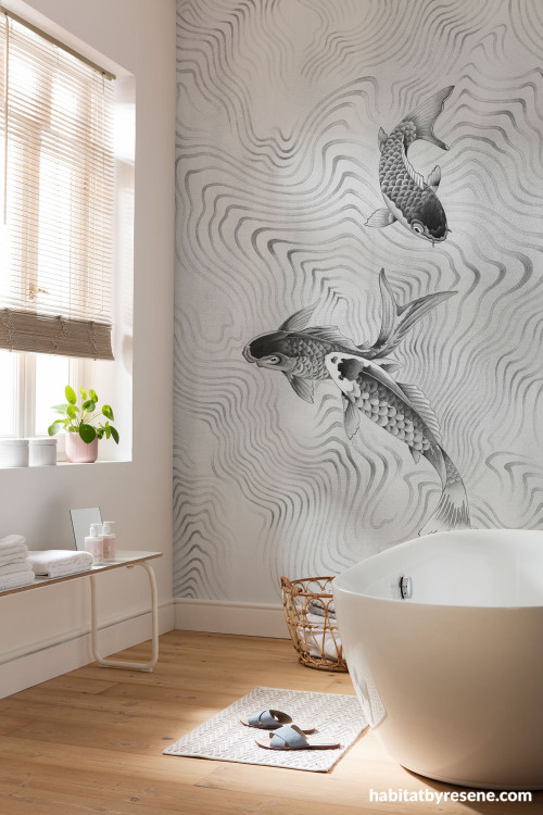 Bathroom featuring Resene statement wallpaper