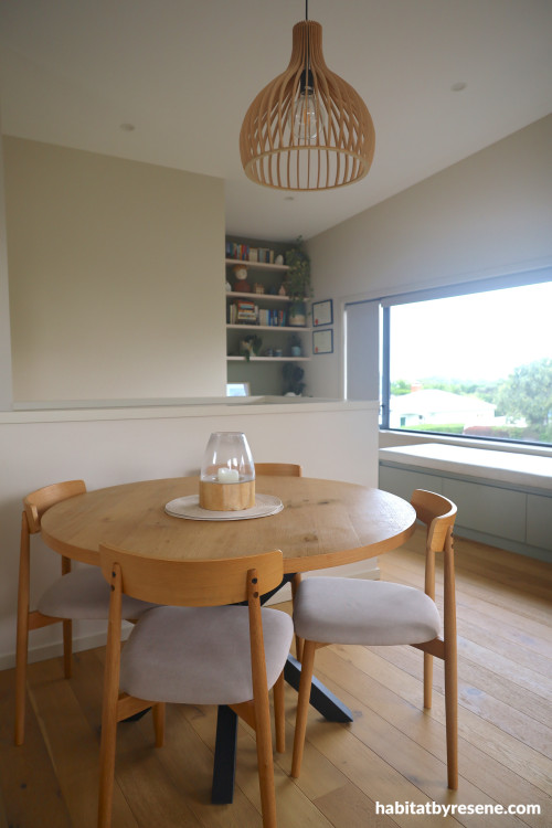 Dining area painted in Resene Half Fossil, ceiling in Alabaster. 