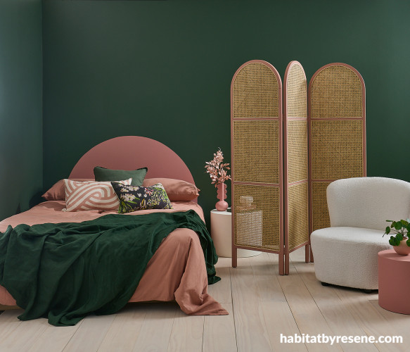 Bedroom featuring dusty pink and deep green