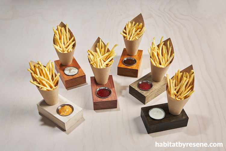 Chip holder blocks painted in Resene Woodstains