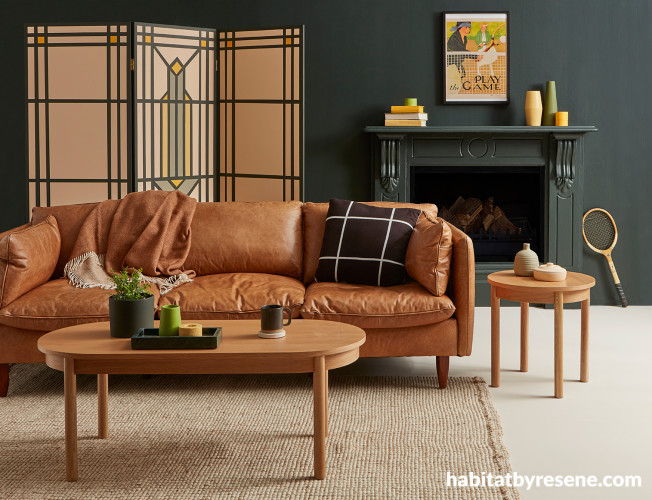 Living space featuring statement dark moss green wall and fireplace