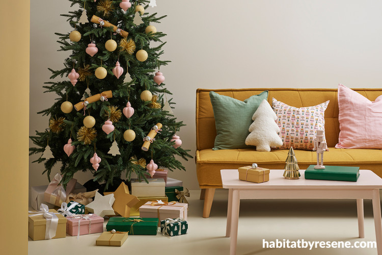 Christmas decor featuring light pink, neutral and mustard theme