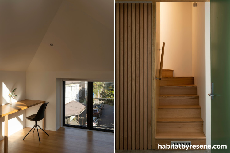 The warmth of Resene Quarter Rice Cake pairs beautifully with the timber green features in Resene Bach and Resene Norway.