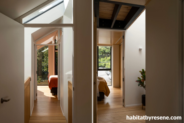 Internal walls painted in Resene SpaceCote Low Sheen in the shade Resene Quarter Rice Cake and landing frames in Resene Black.