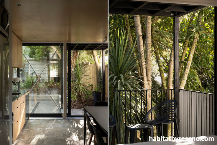 Exterior posts and framing are stained in Resene Woodsman Pitch Black, tying into the interior landing frames in Resene Black.