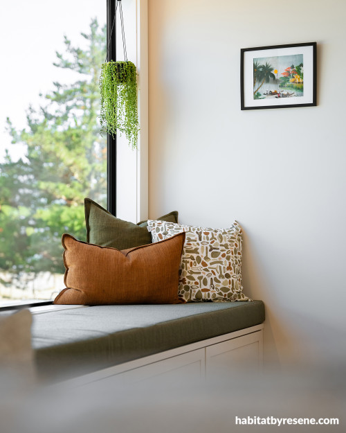 Window nook with walls painted in Resene Quarter Truffle and trims in Resene Half Rice Cake