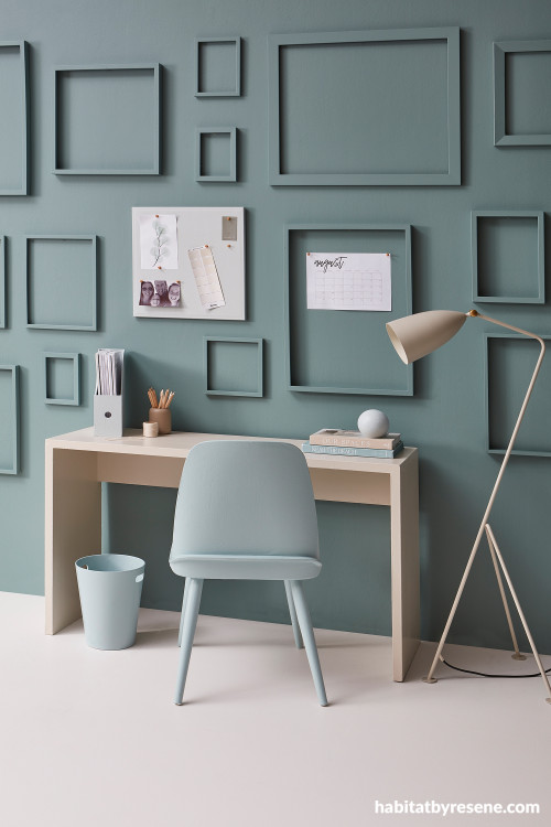 Home office with walls and frames painted in Resene Rhino and floor in Resene Merino