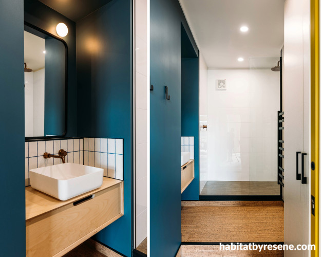 Bathroom featuring chic deep blue Resene Atomic