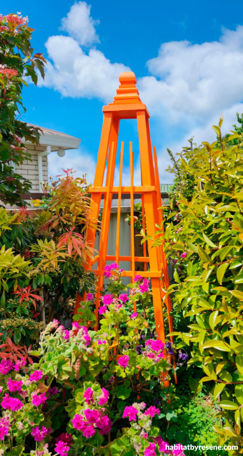 Garden Obelisk painted in bright Resene Adrenalin