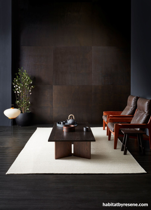 Living space featuring black walls and floor