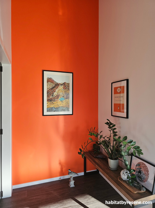 Entranceway, entryway featuring vibrant orange Resene Trinidad
