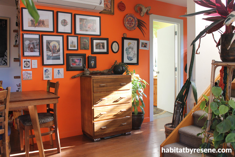 Kitchen and dining space featuring bright orange Resene Daredevil