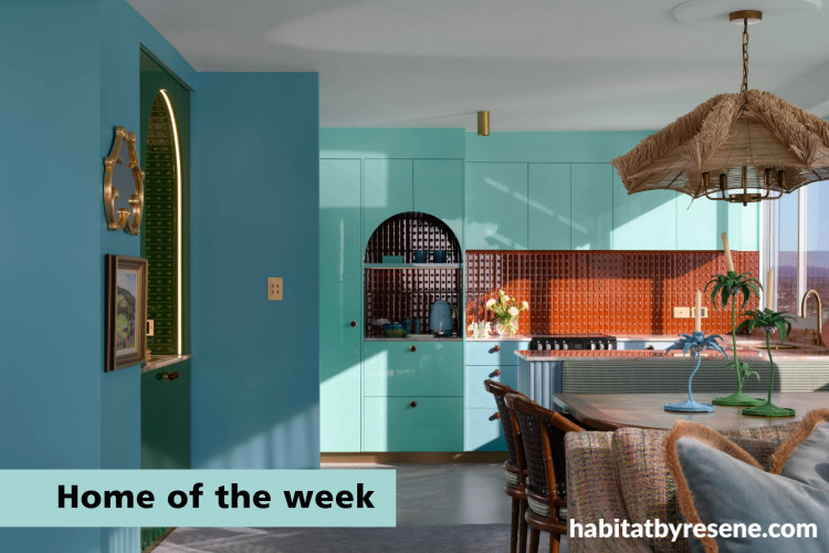 Kitchen featuring Resene Aqua kitchen cabinets